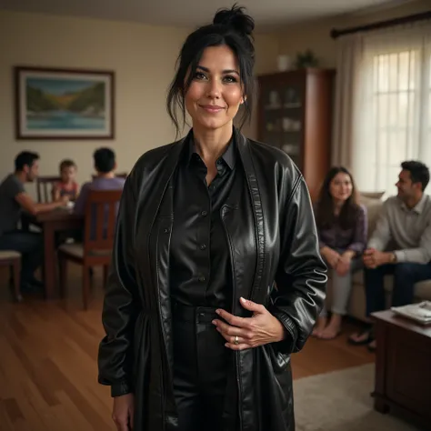 Realistic HDR noisy picture of a 58 year old woman, she smirks with subtle smile, pitch black tied hair with some hair on the front, black eyeshadow, she is wearing a long black leather cardigan that fall to the ground, leather pants and leather button up ...