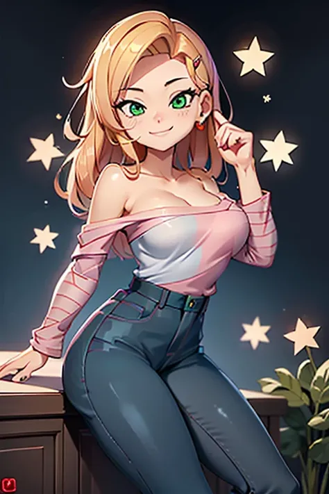 score_9, source_cartoon, 1 ,  alone, kelly marra,  looking very happy ,   lamp,  blonde hair,  beautiful green eyes , hair ornament,  hair clip , blue pants, White star  (symbol)  in the middle of the shirt , Pink t-shirt with bare shoulders and long white...