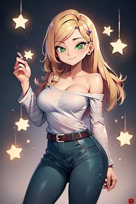 score_9, source_cartoon, 1 ,  alone, kelly marra,  looking very happy ,   lamp,  blonde hair,  beautiful green eyes , hair ornament,  hair clip , blue pants, White star  (symbol)  in the middle of the shirt , Pink t-shirt with bare shoulders and long white...