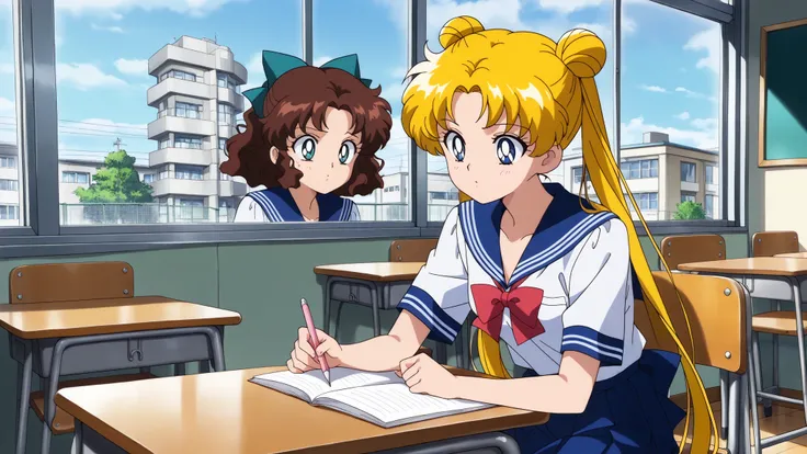 masterpiece, best quality, very aesthetic , ultra detailed, seductive, locking at object, brown hair, medium hair, wavy hair, one bun, teal hairbow, teal eyes, summer sera fuku, blue skirt, small breasts, school room, desk, window, chair, tokyo, detailed b...