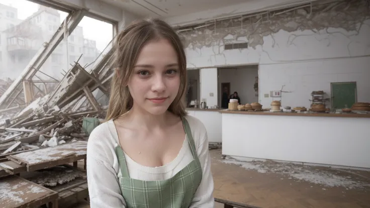  Emma in her white sweater and green flannel apron looks up at him with tearful gratitude. The bakery’s ruined fallen interior is visible behind them.