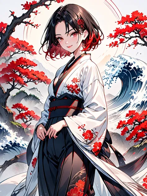 A striking anime-style woman with a gothic and Japanese fusion aesthetic, standing with confidence and poise. Her sleek bob hairstyle transitions from deep black at the roots to a vibrant red at the tips, framing her intense red eyes and alluring smirk. Sh...