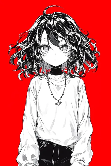 I want you to create a manga style character with curly hair and cute cheeks in black and white and just a red background