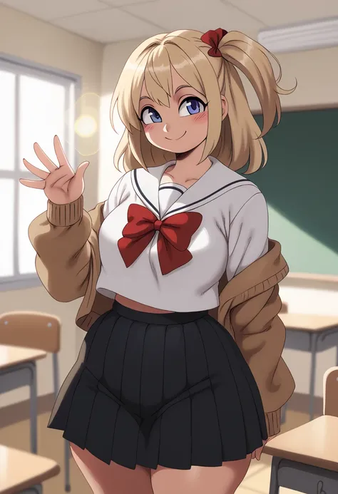 score_9, score_8_up, score_7_up, BREAK, 1girl, solo, depth of field, lens flare,  kita ikuyo, one side up, shuka high school uniform, serafuku, brown cardigan, white sailor collar, red bow, long sleeves, black skirt, pleated skirt, classroom, smile, waving...