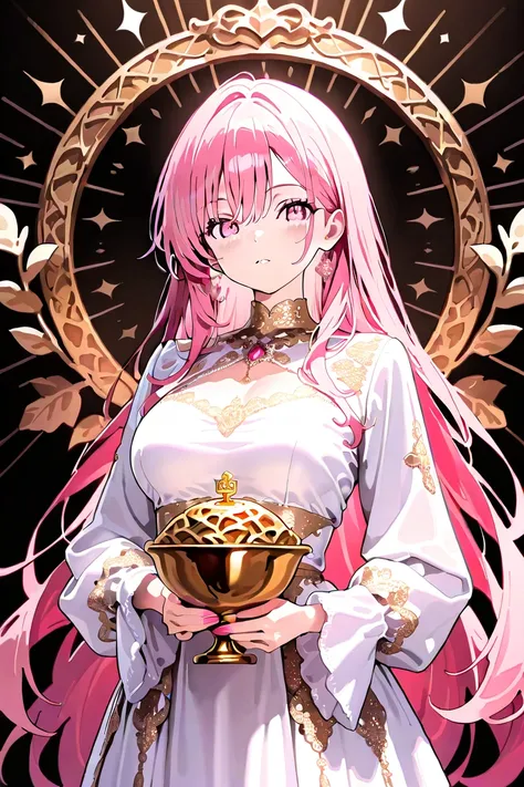 MASTERPIECE, BEST QUALITY, ULTRA DETAILED, HIGH DEFINITION, ILLUSTRATION, INTRICATE DETAILS, HYPER DETAILED, 1girl, slender, medium breasts, pink eyes, long hair, dark pink hair, long twitails, which is held together with her golden Metal Vessel, long and ...