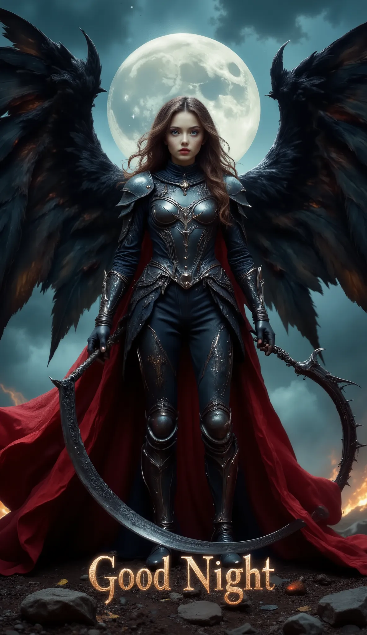 (best quality, 128k,highres,masterpiece:1.2),ultra-detailed,(realistic,photorealistic,photo-realistic:1.37), ((masterpiece)) ((photography)) ((Highest quality)) Dark fantasy illustration of a mysterious fallen angel with large black feathered wings, standi...