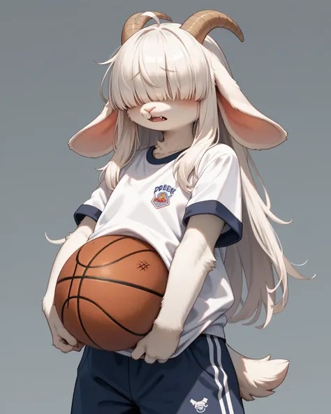 school girl , furry female goat , petit , geek , Introvert , long hair , bangs , hair over eyes , baggy sloppy school gym uniform , bold action , terrible at sports , Poor basketball play , slipped and fell