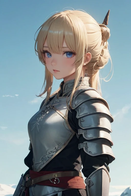 Scandinavian/Asian girl,blonde hair, twin buns with bangs. icey blue eyes. Soft skin. Wearing a mixture of Asian and Viking clothing/armor, colored grey, violet, and sky blue.