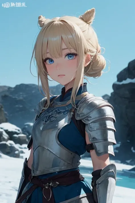 Scandinavian/Asian girl,blonde hair, twin buns with bangs. icey blue eyes. Soft skin. Wearing a mixture of Asian and Viking clothing/armor, colored grey, violet, and sky blue.