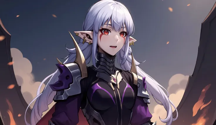 Esil Radiru from Solo Leveling, standing gracefully with an elegant yet fierce presence. She has long, flowing silver-white hair that cascades down her back, framing her flawless, pale face. Her mesmerizing crimson-red eyes glow with intelligence and deter...