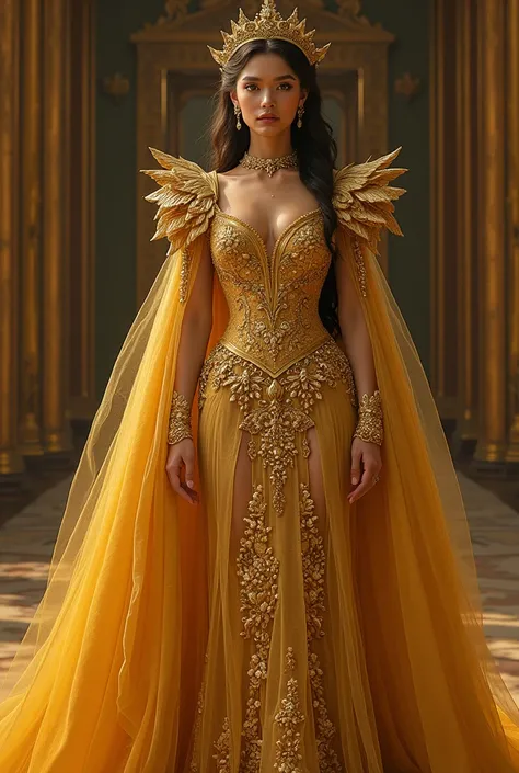 The image of a queen in a golden costume