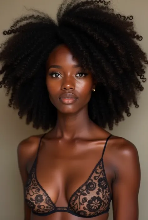 A young female human, with Nigerian heritage, black shiny skin, deep blue eyes, very big breasts, and average butt size, she is 5’11 (178 cm), and she is very pretty and has an amazingly healthy Nigerian hair