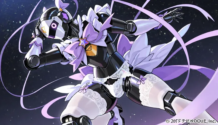 1 person、(((adult male robot wearing light purple ribbon magical girl style costume))) 、Gay、masterpiece、Best Quality、 lace garter belt 、 white lace knee-high stockings 、ribbon、black body、Mecha Head with sensor mask, white lace panties, star night,