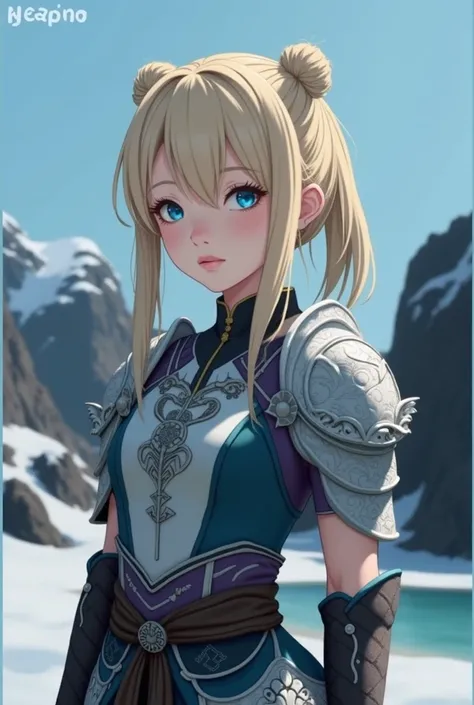 Scandinavian/Asian girl,blonde hair, twin buns with bangs. icey blue eyes. Soft skin. Wearing a mixture of Asian and Viking clothing/armor, colored grey, violet, and sky blue.