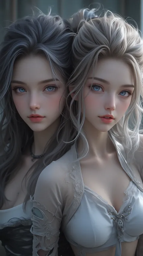  Two seductive girls present in semi-realistic style ， One with long and wavy silver and brown dyed hair、Charming blue eyes and pale skin 。 Another girl exudes beauty and charm 。