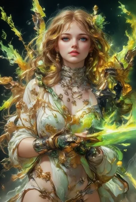 masterpiece,best quality,high resolution,super fine Illustration,
detailed background,detailed skin,detailed face,detailed eye,

The dynamic scene captures, ((angel,wings)),flame,fire,
the instant black and yellow energy sparks as a woman with golden hair ...