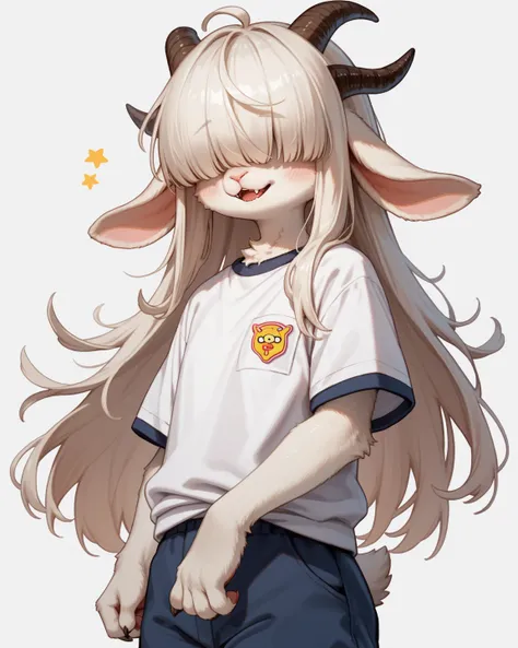 school girl , furry female goat , petit , geek , Introvert , long hair , bangs , hair over eyes , baggy sloppy school gym uniform , bold action , slipped and fell