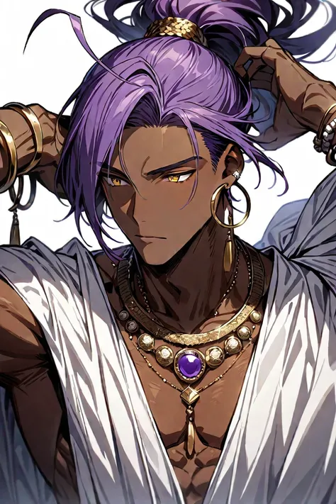 MASTERPIECE, BEST QUALITY, ULTRA DETAILED, HIGH DEFINITION, ILLUSTRATION, INQUIRIED DETAILS, HYPER DETAILED, (MALE), ALONE, 1Man with tanned skin and muscular build. He has golden eyes and very long purple hair tied in a ponytail. He wears purple and white...