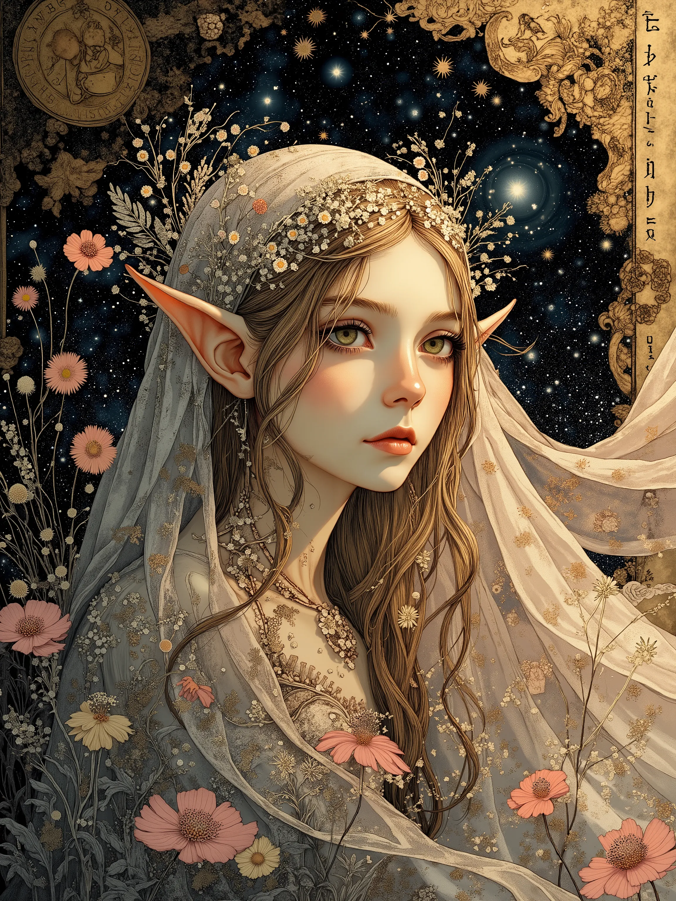 A detailed fantasy art drawing, in the style of Anna Dittmann, depicts an ethereal elven woman with elegantly pointed ears, a flowing veil, and delicate silver flowers woven into her long, wind-swept hair. She is surrounded by tall, enchanted flowers and g...