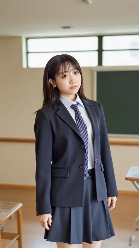 "A Japanese high school girl standing in a classroom, wearing a navy blue blazer, a collared blouse, a neatly tied necktie, and a pleated skirt. The classroom has wooden desks and chairs, a blackboard, and natural light coming through the windows. She has ...