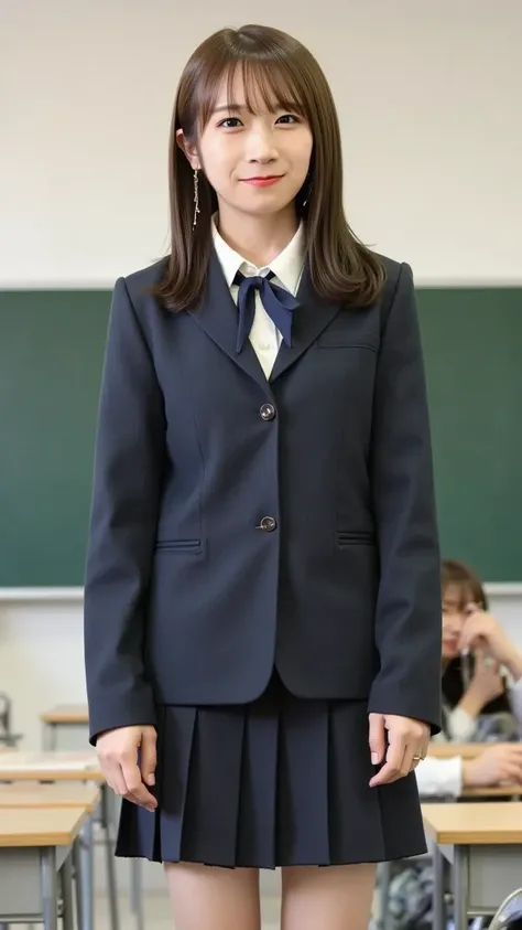 "An image of a high school girl standing in a classroom, wearing a navy blue blazer with a white collared blouse, a ribbon tie, and a pleated skirt. The girl has a neat appearance with her uniform in perfect order. The classroom has desks and a blackboard ...