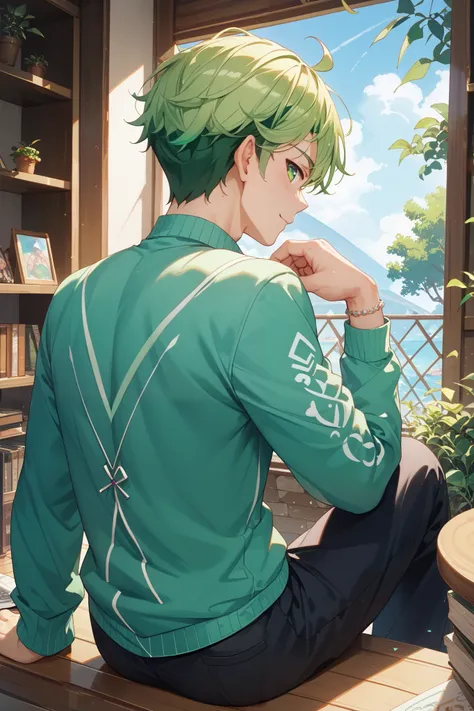  male、 young、 Long Sleeve、greenい服、群green色、 back view、 sitting、green、A little dark、live-action