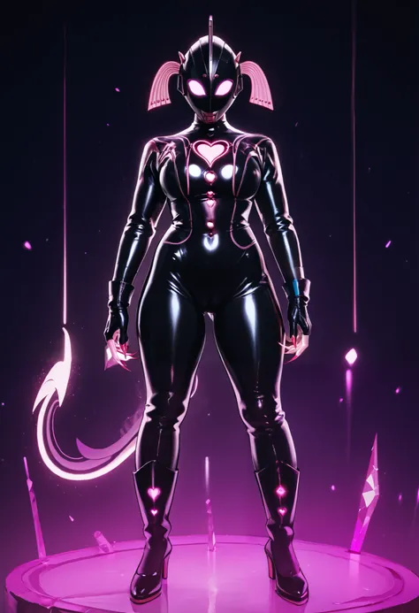 Ultra's dark mother . （ High Quality ）（Gloss）（( black face and red eyeliner )）（Black and purple color theme. Black Helmet.  full face helmet . Pink Line. Purple glowing machine eyes .  has her whole body covered in a black bodysuit.  thick legs. Spike deco...