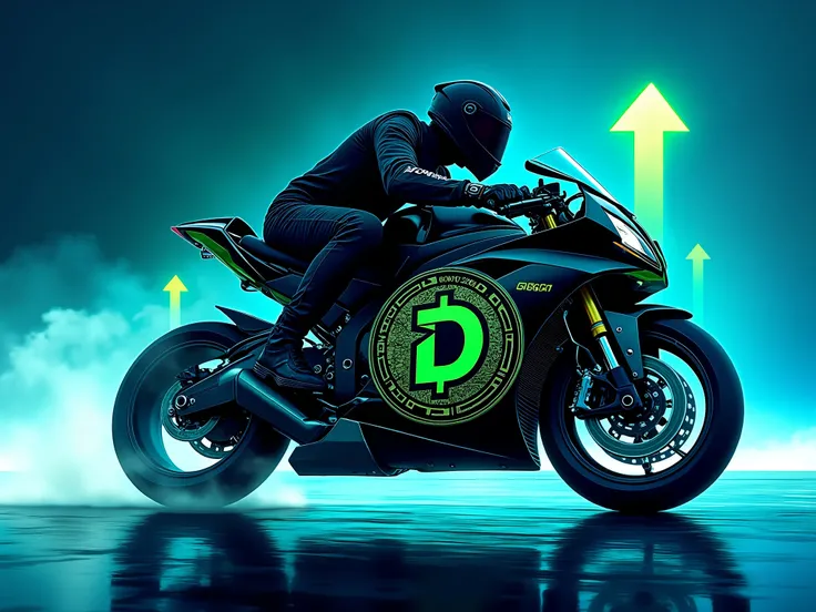 Motorcyclist on a sports motorbike with logo of   a ' Digicoin '  similar like bitcoin but made black green  coin with green 'D' , high quality detalis , add also some blue theme , put on coin more details like some squares or lines not any inscriptions on...