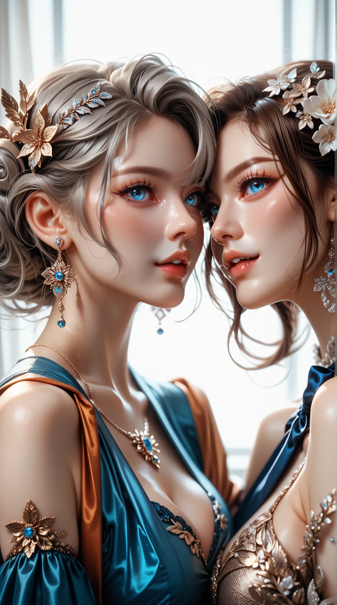  Two seductive girls present in semi-realistic style ， One with long and wavy silver and brown dyed hair、Charming blue eyes and pale skin 。 Another girl exudes beauty and charm 。