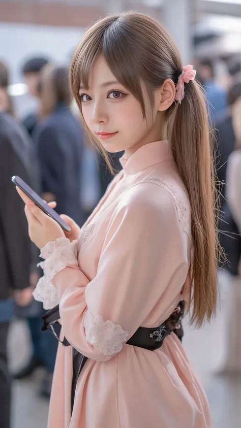 Face-to-face image of a Japanese girl in her teens wearing mine-type fashion standing on a train station platform、A lot of people are waiting in line for the train、Keep your long hair together with a hair clip、 wears a light pink lace layered ruffle bijou ...