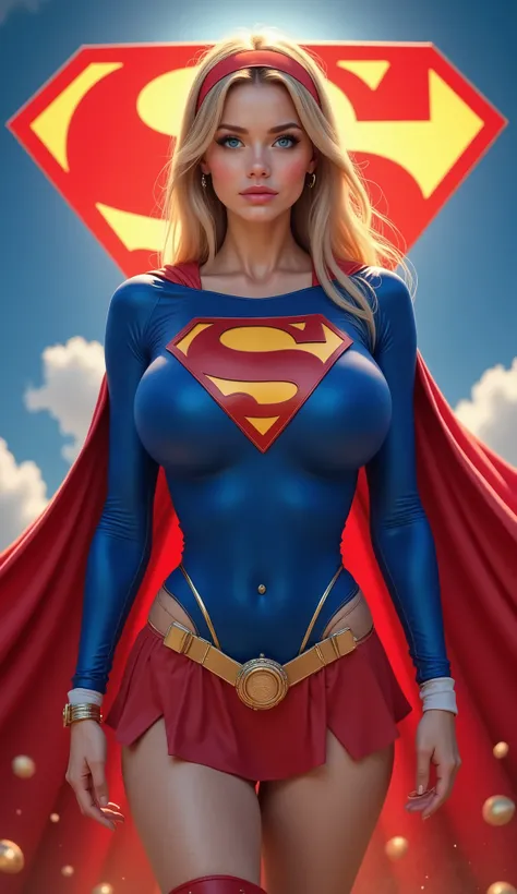 A GORGEOUS  BLONDE WITH BLUE EYES WEARING AForm-fitting blue leotard
High-cut leg openings
Long sleeves
Scoop neckline
Stretchy, spandex-like material
Royal blue color matching Superman's suit
Iconic "S" Shield
Red and yellow emblem
Centered on chest
Diamo...