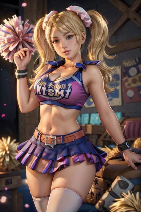 JulietChainsaw, 1girl, solo, blonde hair, cheerleader, midriff, candy, twintails, thighhighs, blue eyes, navel, crop top, skirt, breasts, food, belt, lollipop, cleavage, lying, wristband, miniskirt, clothes writing, on back, pom pom (cheerleading), large b...