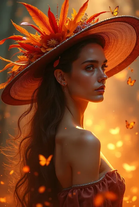 /imagine "Hyper-realistic portrait of a mystical woman with long, flowing hair infused with fire-like strands. She wears an elegant, oversized hat decorated with vibrant orange, red, and purple feathers, delicate mesh fabric, and glowing floral elements. H...