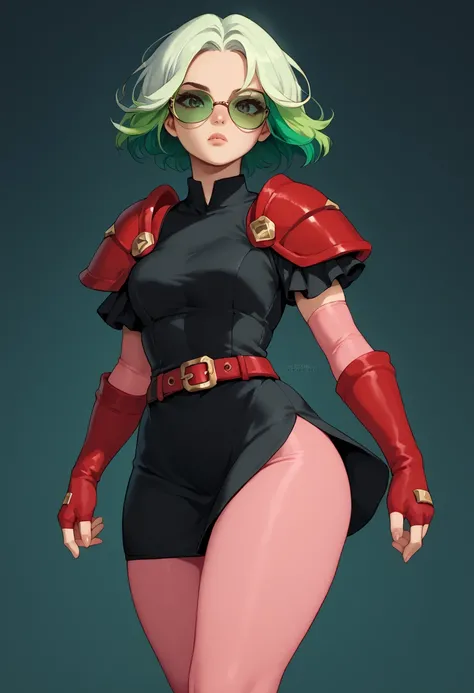 score_9, score_8_up, score_7_up, BREAK, 1girl, solo,  melodiash,  two-tone hair, green hair, tinted eyewear, elbow gloves, fingerless gloves, red gloves, black dress, red belt, pink pantyhose, shoulder pads, looking at viewer, v,