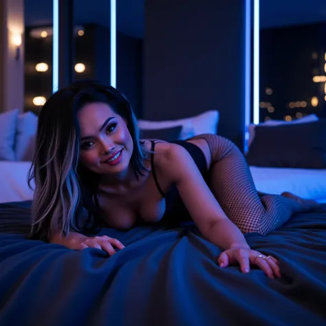  wearing a corset and fishnet tights, in los angeles mansion,on bed,with dark blue led lights,looking seductively at viewer,long black and white hair,more arched,arched back,smile