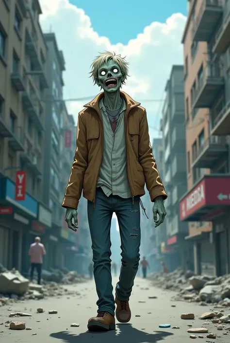 Pale colored zombie as if he had recently died,  white eyes,  and walking down the street, Realistic anime style with some manga style,  with clothes from the 90s and around ( the streets of the city ) destroyed by Zombie Apocalypse 