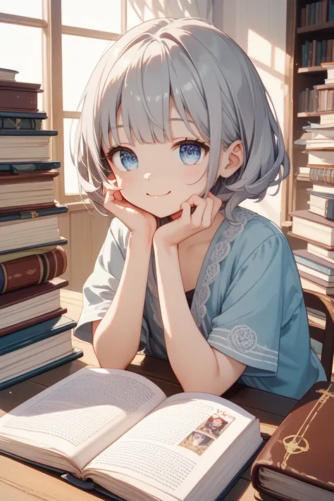  girl with gray hair、Bob Hair、 cute、Young、smile、Light blue eyes、About 140 centimeters tall、、Droopy eyes、 very large books