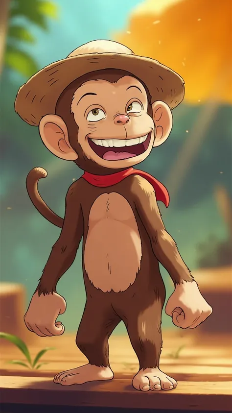 A small, mischievous monkey  with a straw hat and slightly stretchy arms, cartoon style, bright colors, playful expression, detailed shading