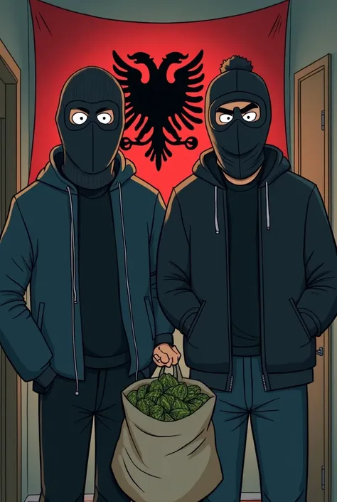 2 man wearing a ski mask with a bag full of weed in a appartement with albania flag on the wall, the boondocks 