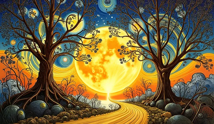 a striking night scene with a large, luminous moon surrounded by swirling patterns of stars and vibrant colors. In the foreground, two silhouetted trees with intricate branches create a dramatic contrast against the bright backdrop. A winding path leads to...