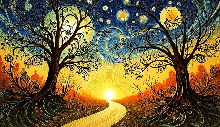 a striking night scene with a large, luminous moon surrounded by swirling patterns of stars and vibrant colors. In the foreground, two silhouetted trees with intricate branches create a dramatic contrast against the bright backdrop. A winding path leads to...