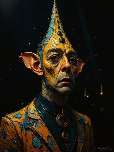 Highly detailed face close of a comic books style of a impressionist chiaroscuro on cinematics style, weird circus figure with a triangle head and multiple eyes.