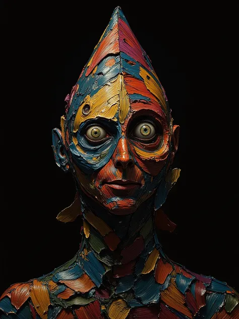 Highly detailed face close of a comic books style of a impressionist chiaroscuro on cinematics style, weird circus figure with a triangle head and multiple eyes.