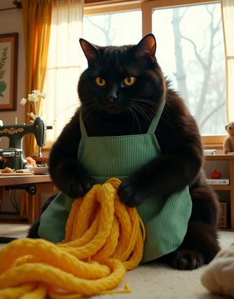 documentary photo, Photo-realistic, ultra-realistic, human-like giant black cat\(human-like giant black cat, little chubby, big, tall, taller than human, wearing a vertical striped green apron\), the human-like black cat is cutting a large yellow mane of f...