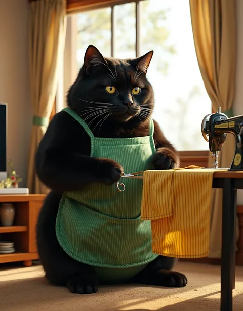 documentary photo, Photo-realistic, ultra-realistic, human-like giant black cat\(human-like giant black cat, little chubby, big, tall, taller than human, wearing a vertical striped green apron\), the human-like black cat is cutting a striped yellow of fabr...