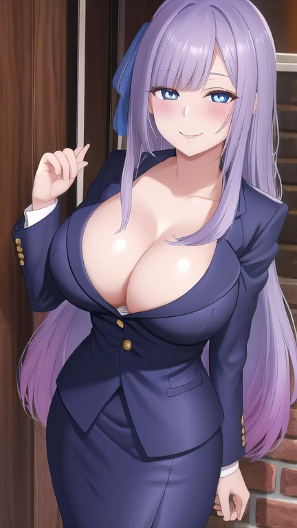   erotic、Mylene、 shiny hair、Big Breasts, cleavage、  alone, dark blue business suit、 jacket、teacher、 pencil skirt, pink love hotel、Purple light、  top quality,  detailed face,  detailed eyes,  Hi-Res, Wicked Smile 、 dye her cheeks red、 sexy pose、lure、Estrus、...