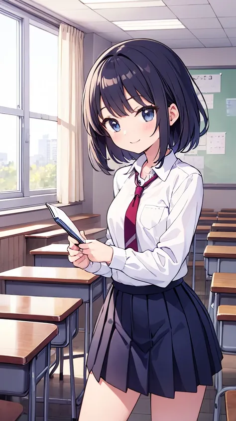 "A Japanese high school girl standing in a classroom, wearing a navy blue blazer, a collared blouse, a neatly tied necktie, and a pleated skirt. The classroom has wooden desks and chairs, a blackboard, and natural light coming through the windows. She has ...