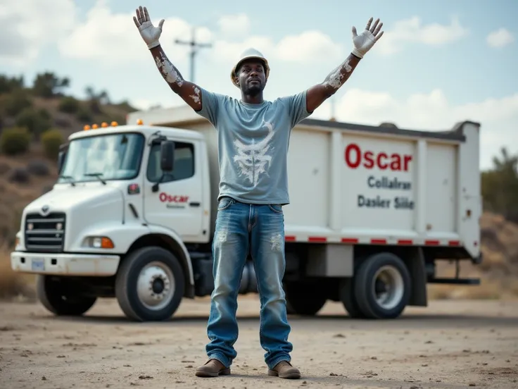 In the foreground of a man with a black complexion dressed in long blue jeans pants and a light blue t-shirt with a white helmet and wearing brown worker's shoes with his arms up showing his hands that are painted with white paint, In the background a whit...