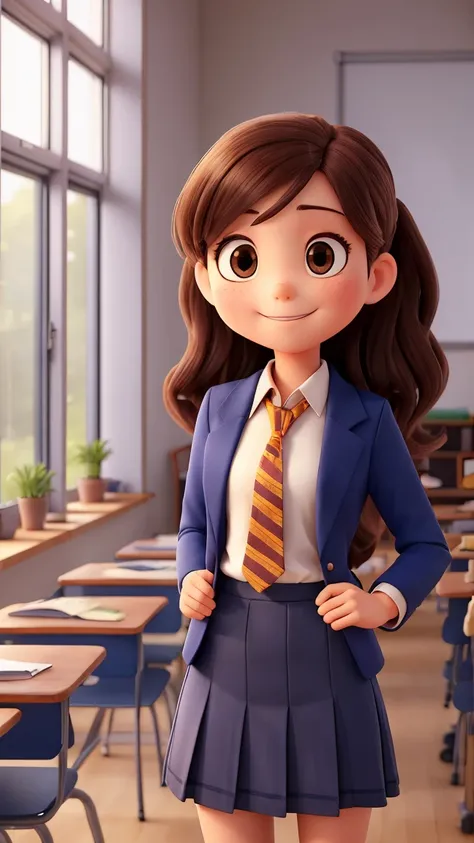 "A Japanese high school girl standing in a classroom, wearing a navy blue blazer, a collared blouse, a neatly tied necktie, and a pleated skirt. The classroom has wooden desks and chairs, a blackboard, and natural light coming through the windows. She has ...