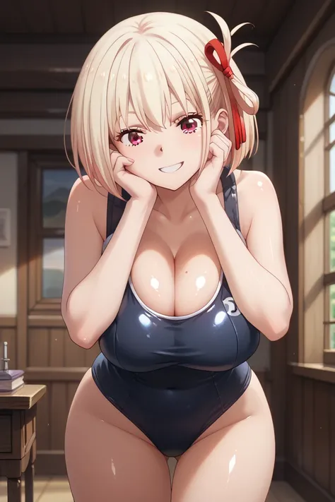 chisato nishikigi, short hair, bangs, blonde hair, red eyes, hair ribbon, one side up, bob cut, huge breast, school swimsuit, highleg, (bursty breasts:1.2), (shiny skin:1.3), seductive smile, hands on cheeks, breast in between arms, (bend back, press breas...